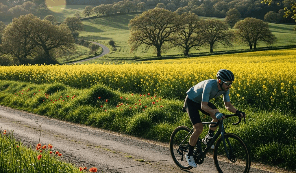 road cyclist riding through blooming countryside spring landscape