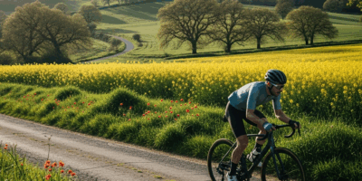 road cyclist riding through blooming countryside spring landscape