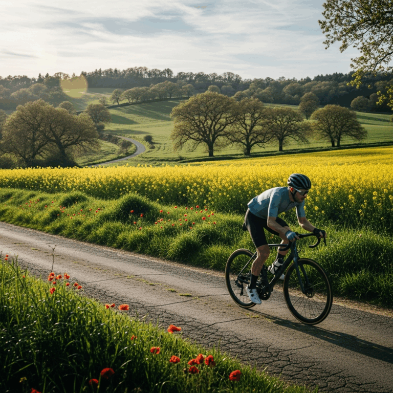 road cyclist riding through blooming countryside spring landscape